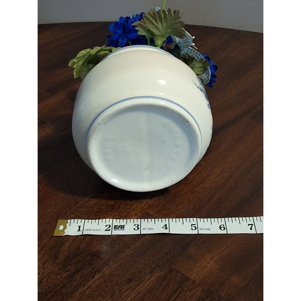 Vintage Blue and White Floral Ceramic Vase with Faux Cornflowers and Butterfly